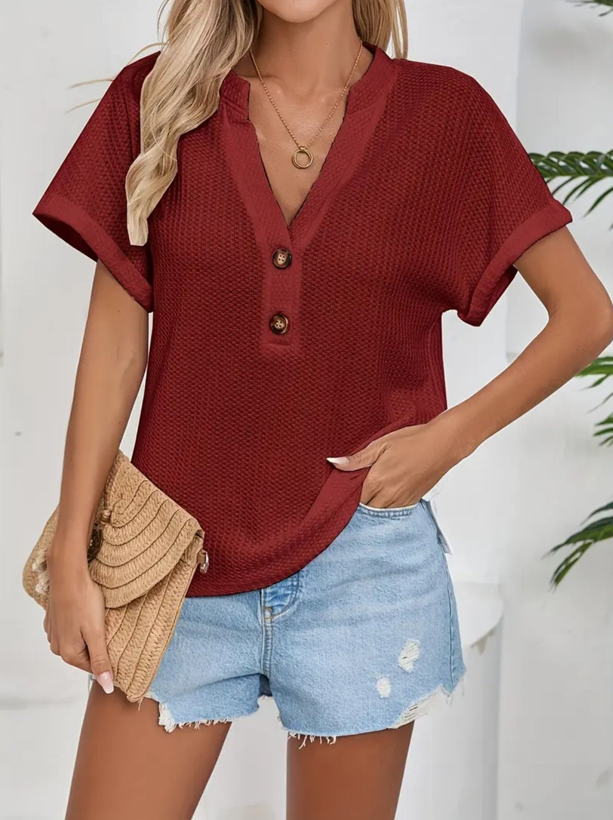 Attractive Women's Casual Sleeve Waffle Button Shorts