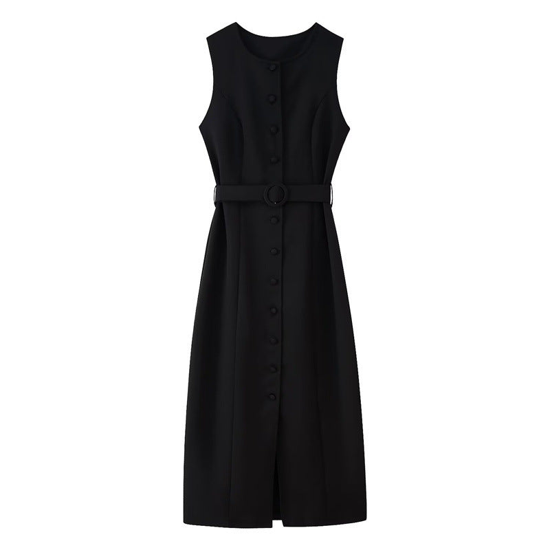 Women's Summer Round Neck Single-breasted Waistband Sleeveless Dresses