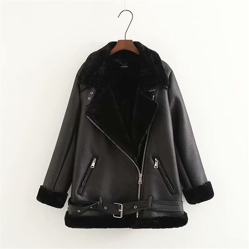 Women's Fur Stitching Leather Thickened Solid Color Coats