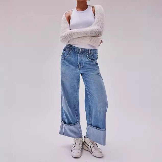 Women's American Style Retro Washed Figure Flattering Curling Loose Women's Jeans