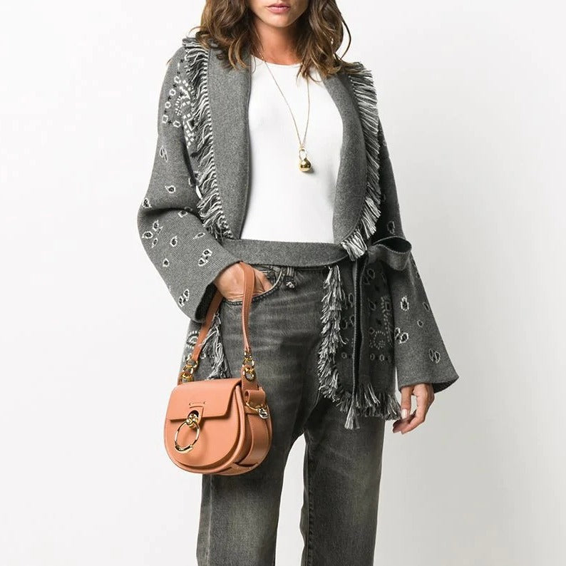 Women's Jacquard Thick Knit Loose Mid-length Tassel Sweaters