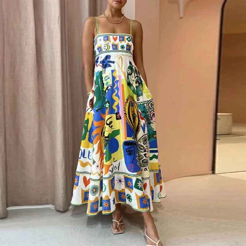 Women's Elegant Painted Print Large Swing Strap High Dress