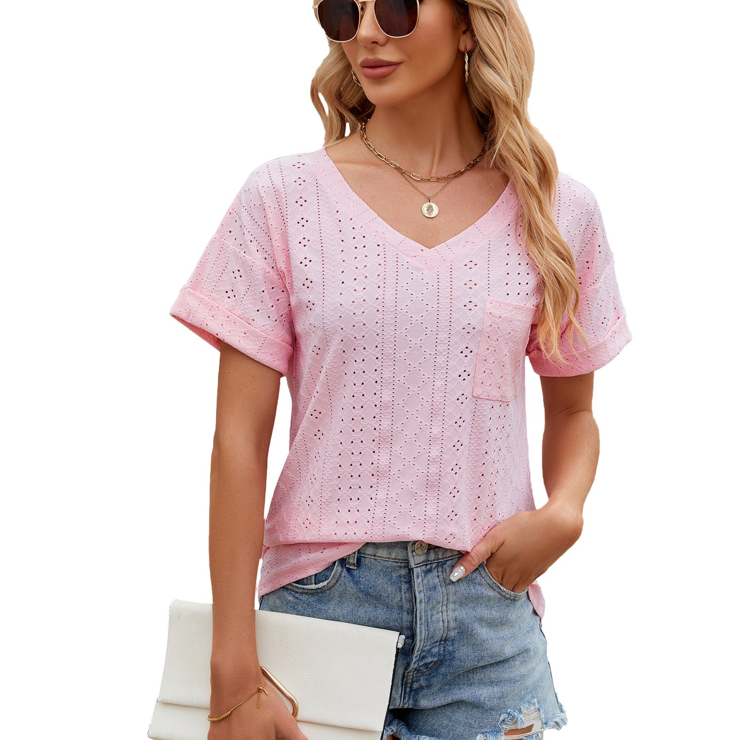 Solid Color Pocket Loose Sleeve Ladies Women's T-shirt