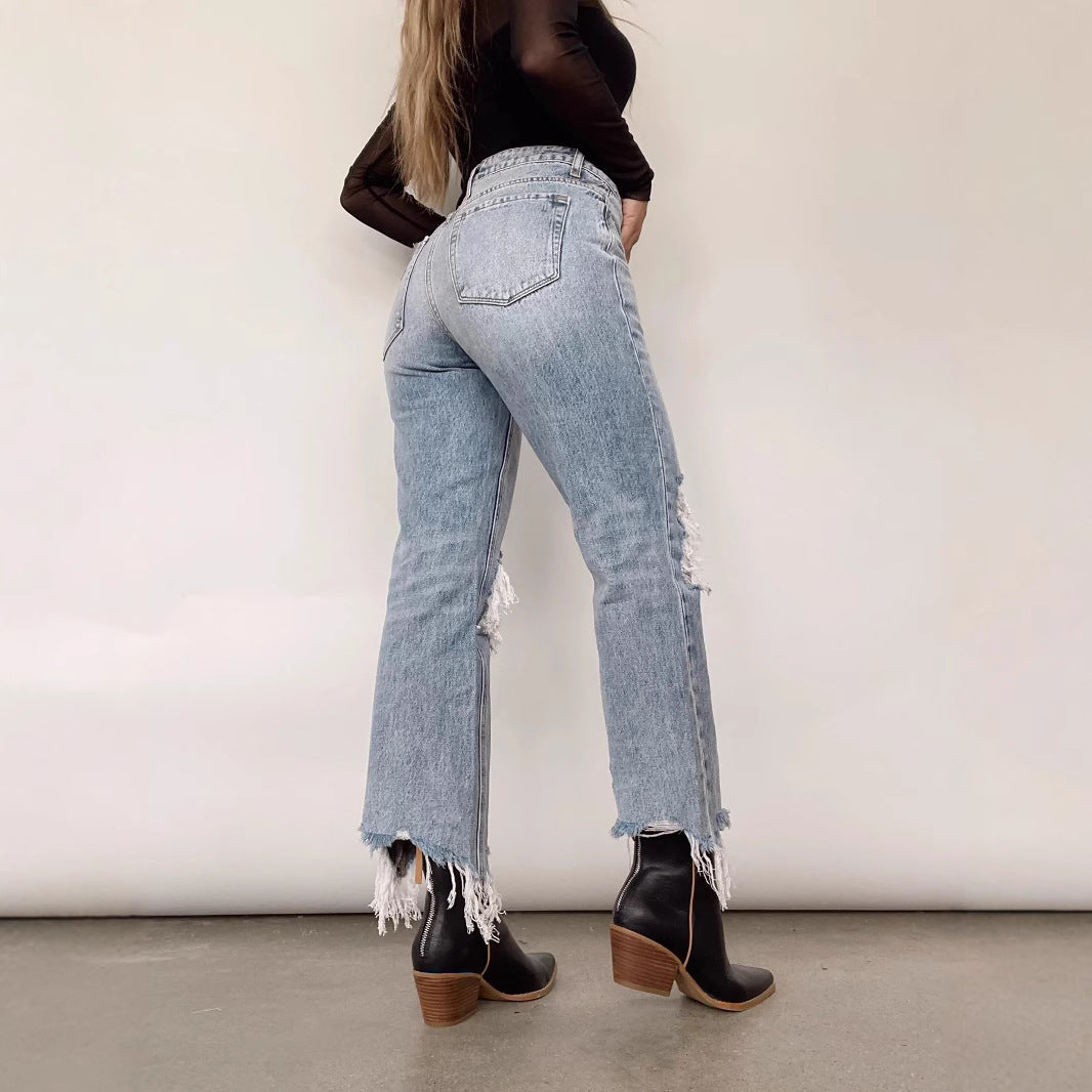 Washed Hole High Waist Loose Straight Jeans