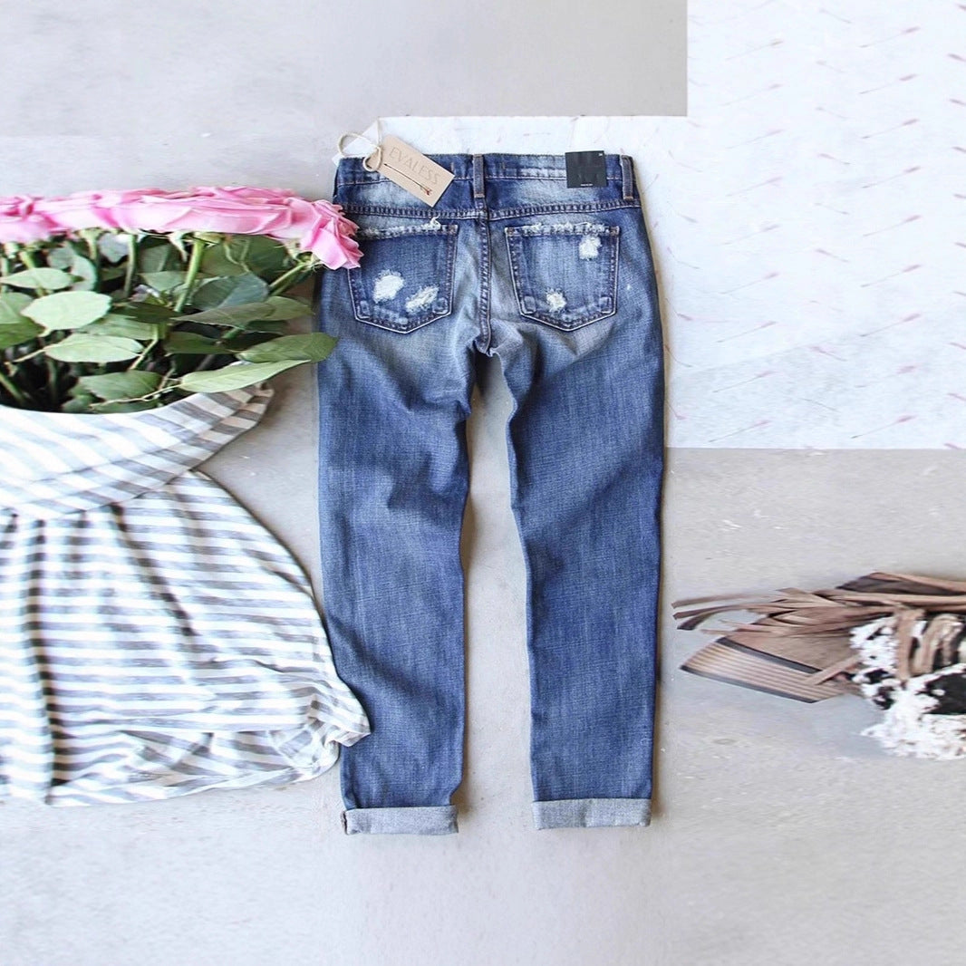 Unique Women's Ripped Print Patch Trousers Jeans