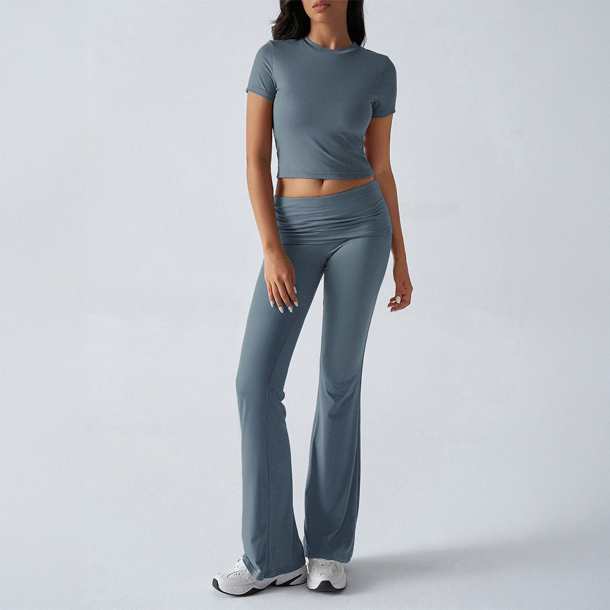 Women's Solid Color Short-sleeved High Waist Trousers Fashion Casual Suit