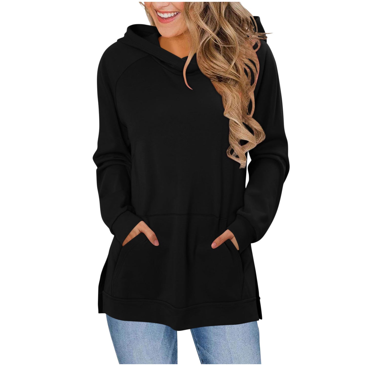 Women's Solid Color Hoodie Wipe Shoulder Long Sleeve Pocket Slit Hemline Women's Sweater, Sweater