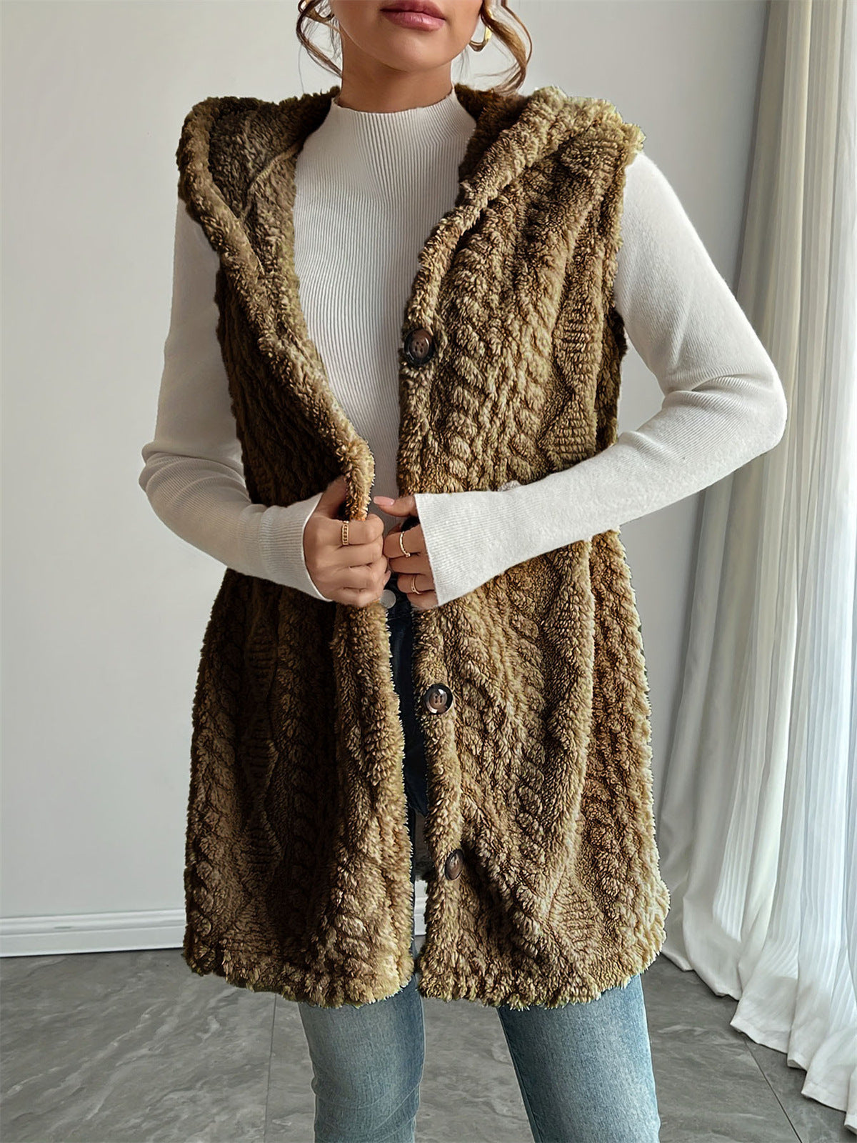 Solid Color Double-sided Plush Hooded Button Women's Vest