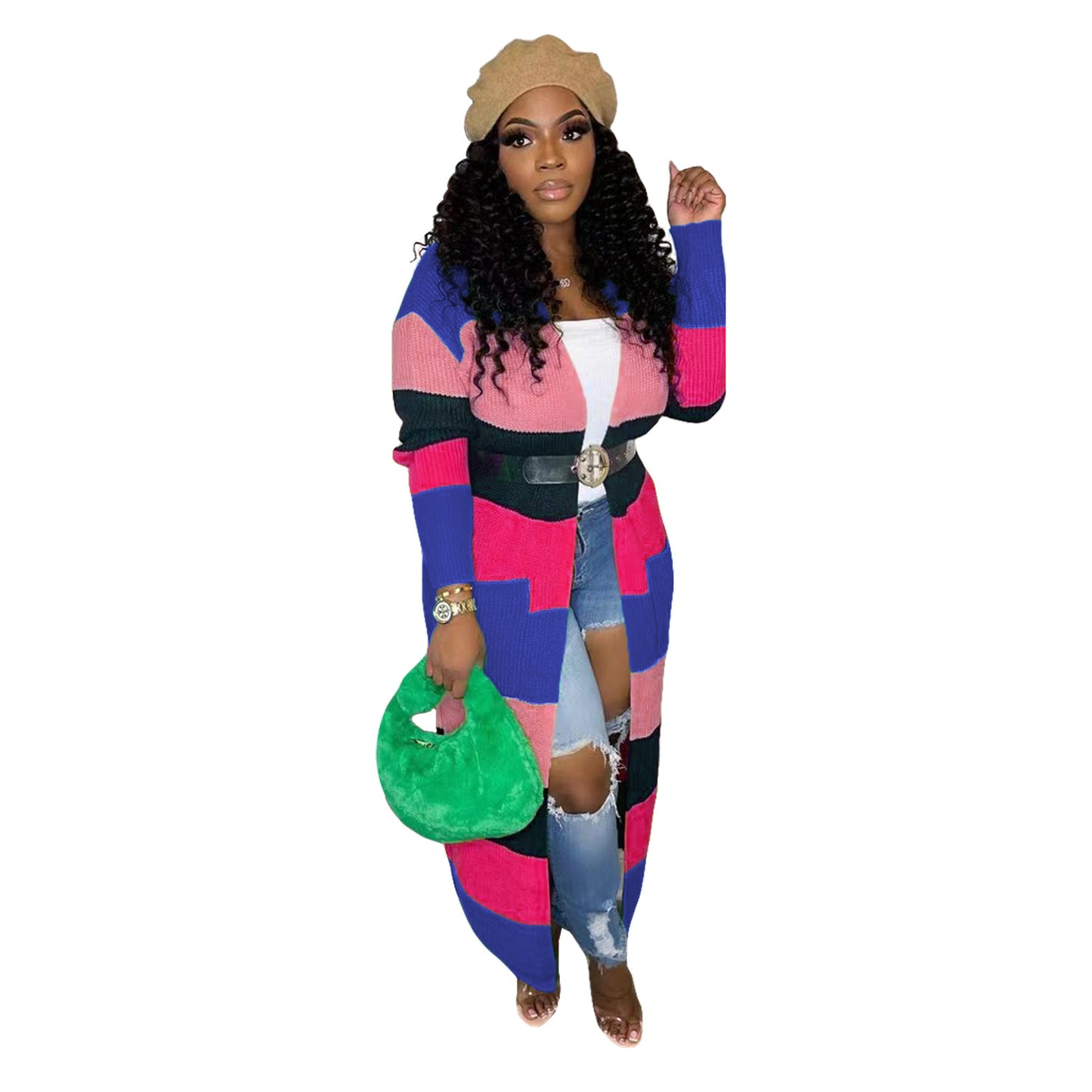 Women's Casual Contrast Color Handmade Knitted Long Sweaters