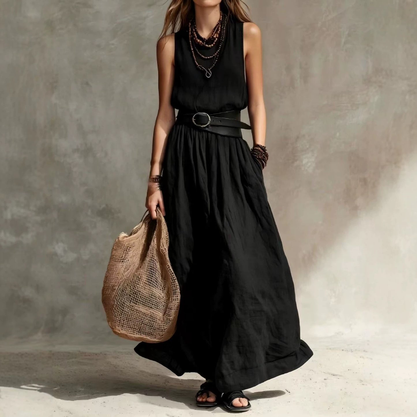 Women's French Style Temperament Lapel Sleeveless Summer Dress