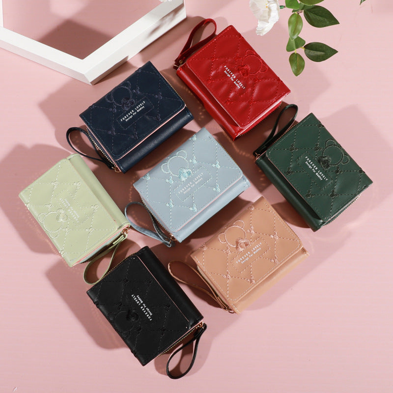 Women's Korean Embroidered Short Zipper Tri Fold Purses