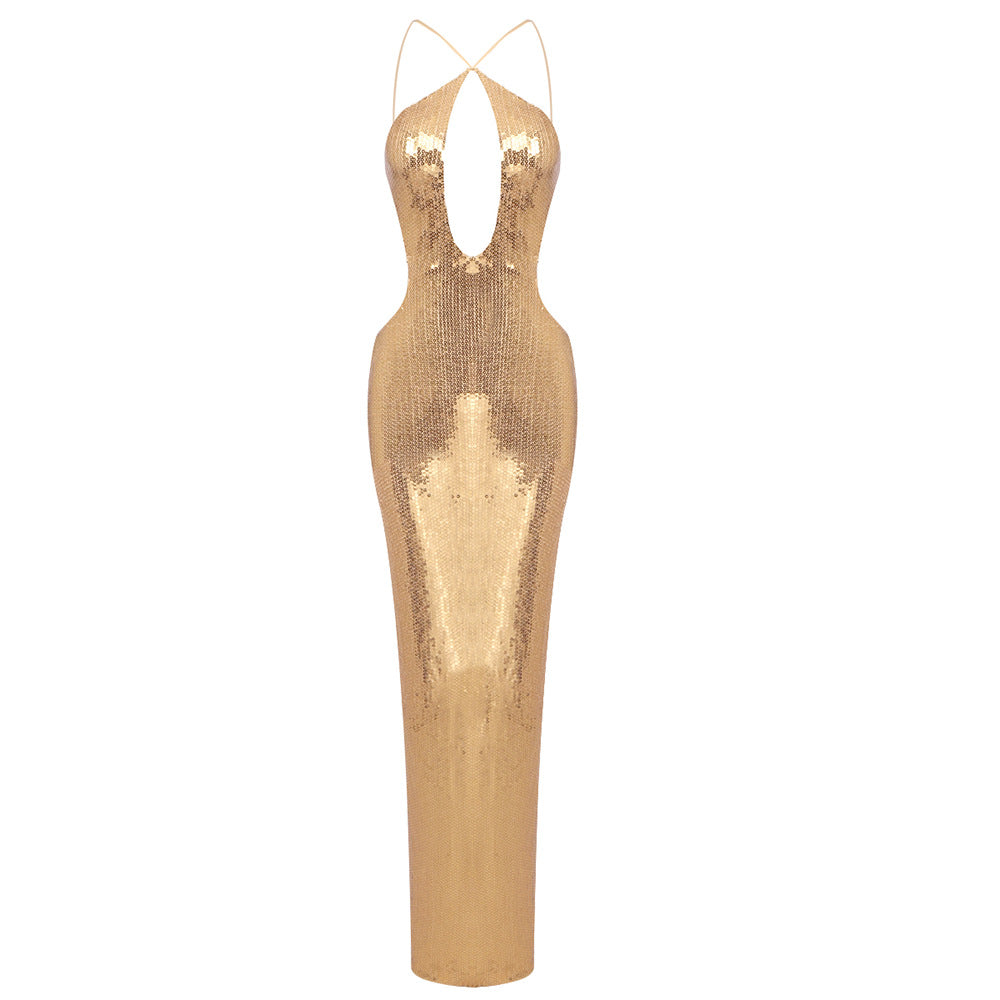 Women's High-grade Nightclub Hollow Halter Backless Sequin Dresses