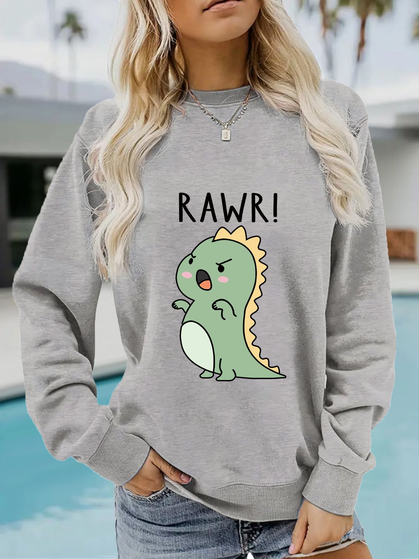Women's Sleeve Round Neck Cartoon Dinosaur Print Sweaters