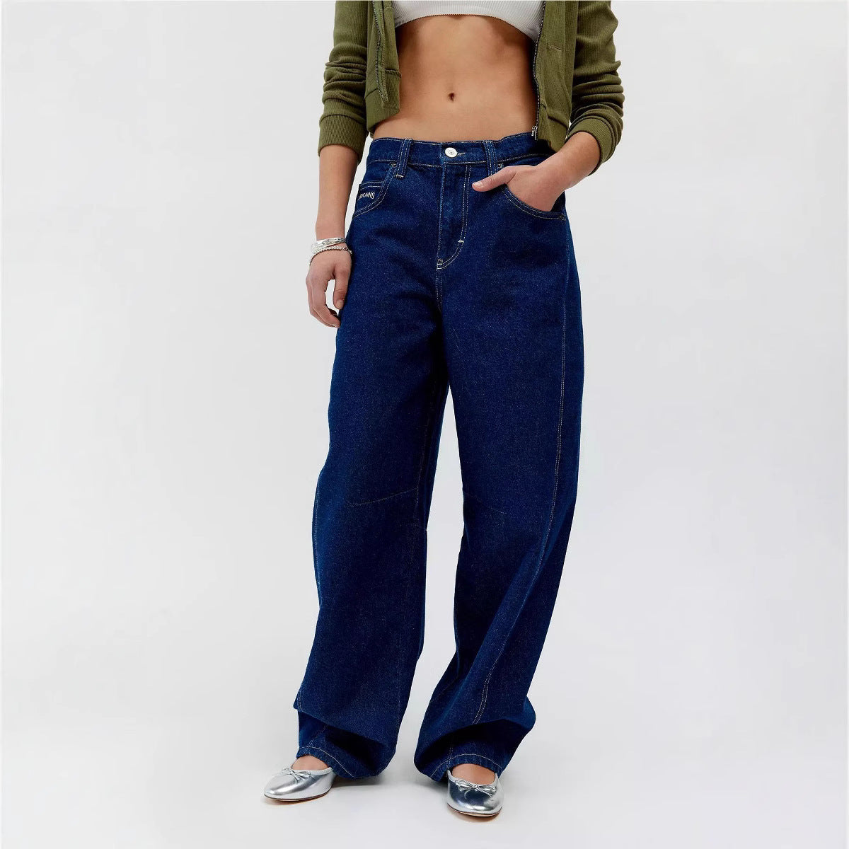 Women's Retro Washed Blue Low Waist Slimming Loose Jeans