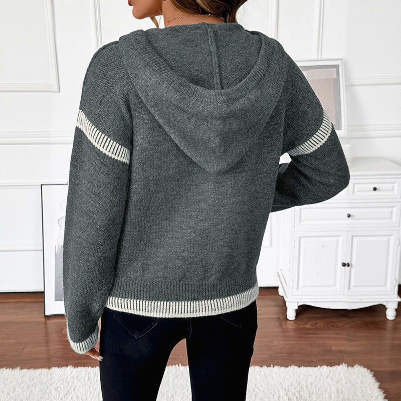 Casual Loose Hooded Dark Gray Contrast Sweaters
