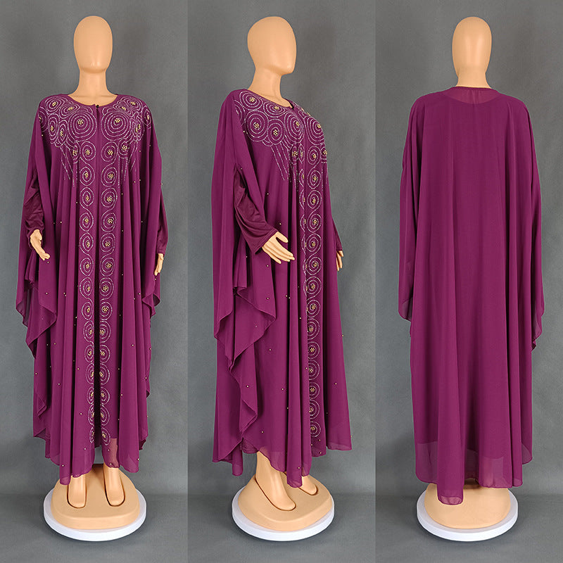 Women's African Arabic Long Gown Chiffon Rhinestone Dresses