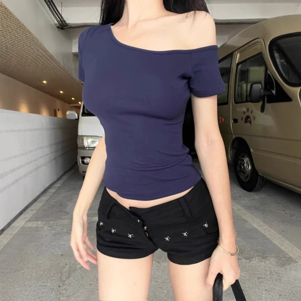 Simple Pure Style Elegant Sexy Hot Exposed Shoulder Women's T-shirt