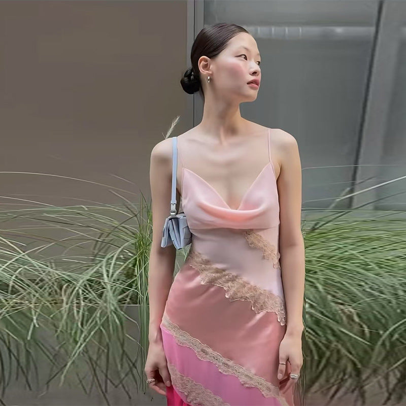 Stitching Pink Slim Fit Slimming Spaghetti Dresses