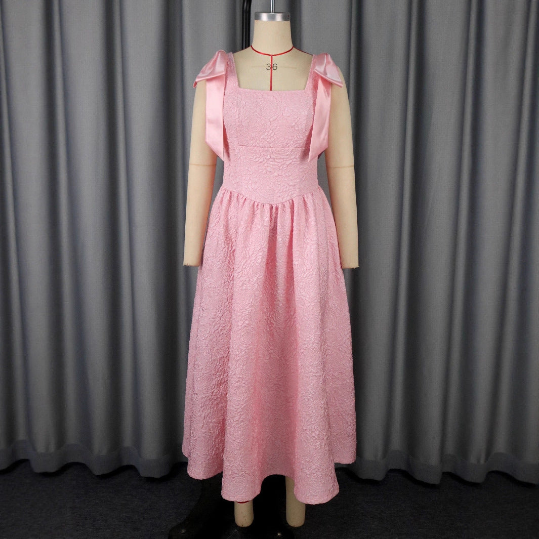 Women's Elegant Bow Dress Jacquard High Waist Dresses