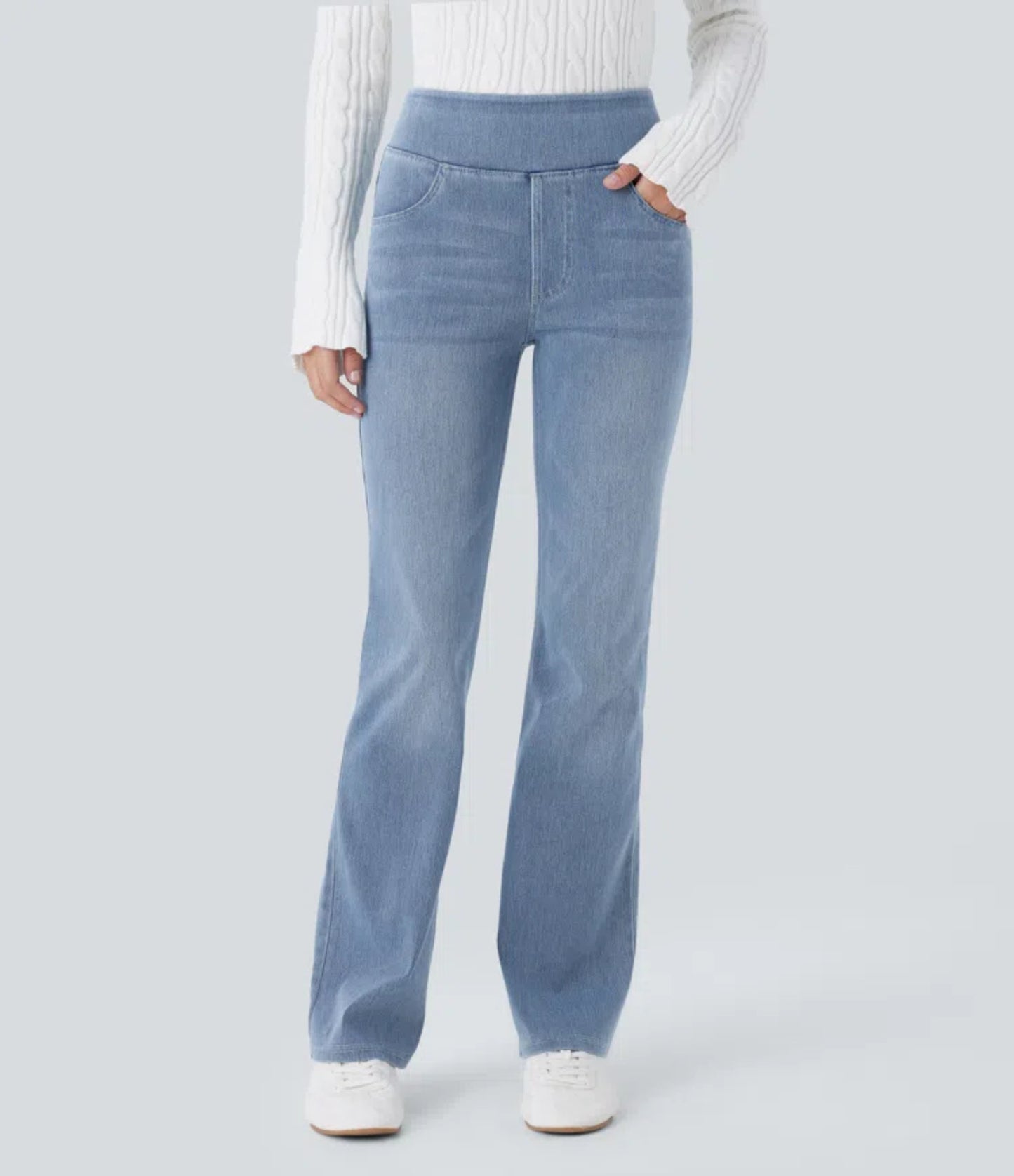 Women's Washed High Waist Straight Stretch Slim Fit Draped Jeans