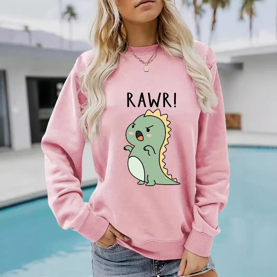 Women's Sleeve Round Neck Cartoon Dinosaur Print Sweaters