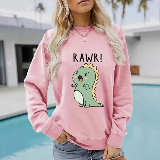 Women's Sleeve Round Neck Cartoon Dinosaur Print Sweaters