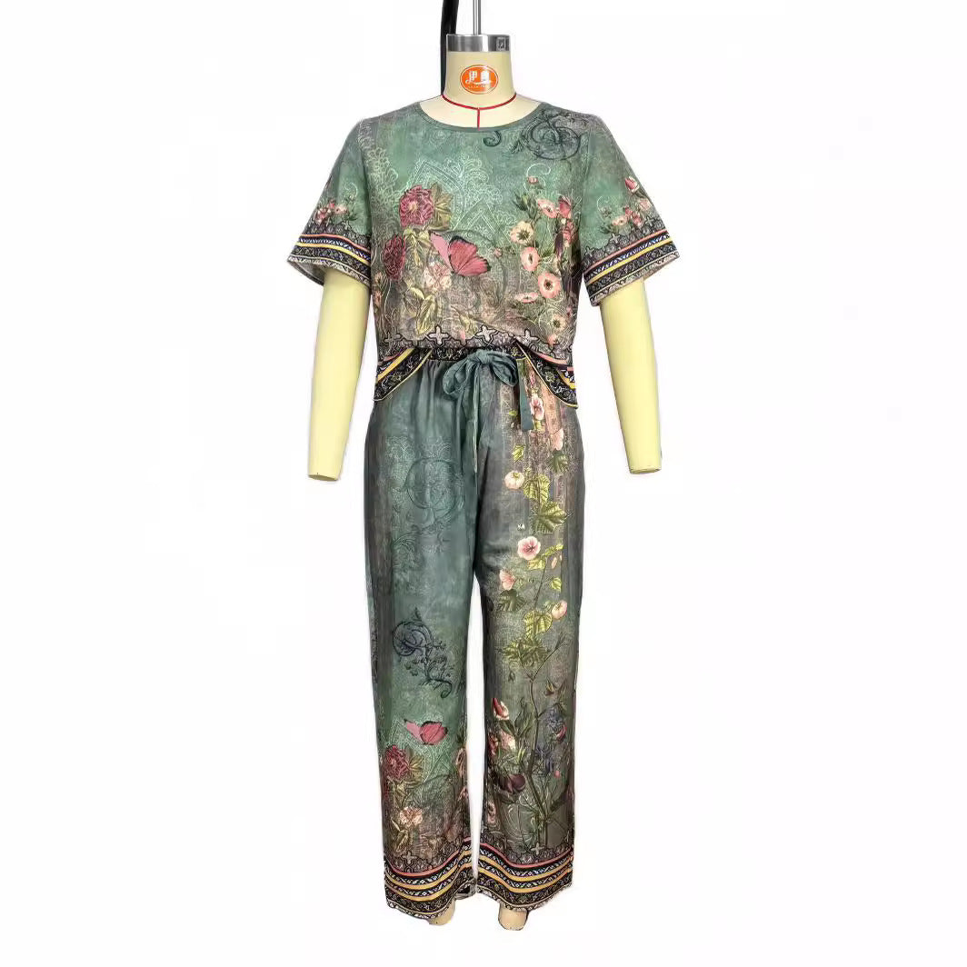Sleeves Trousers Vintage Printed Bow Tie Temperament Fashion Casual Suit