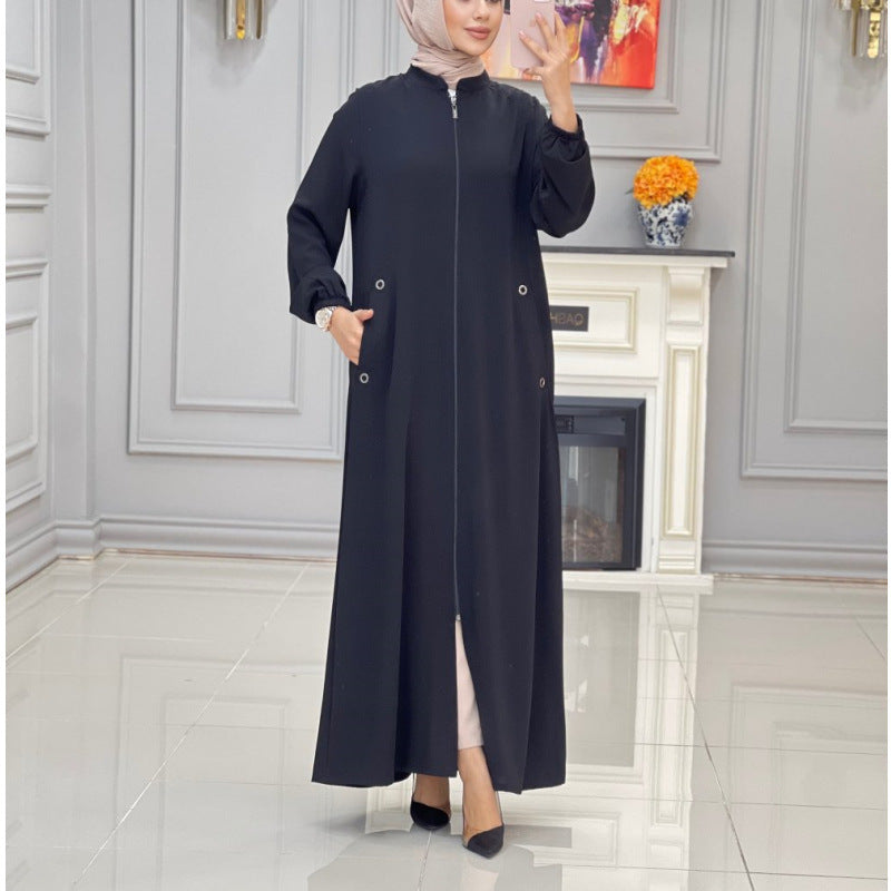 Women's Fashion Ladies Stand Collar Zipper Pocket Dresses