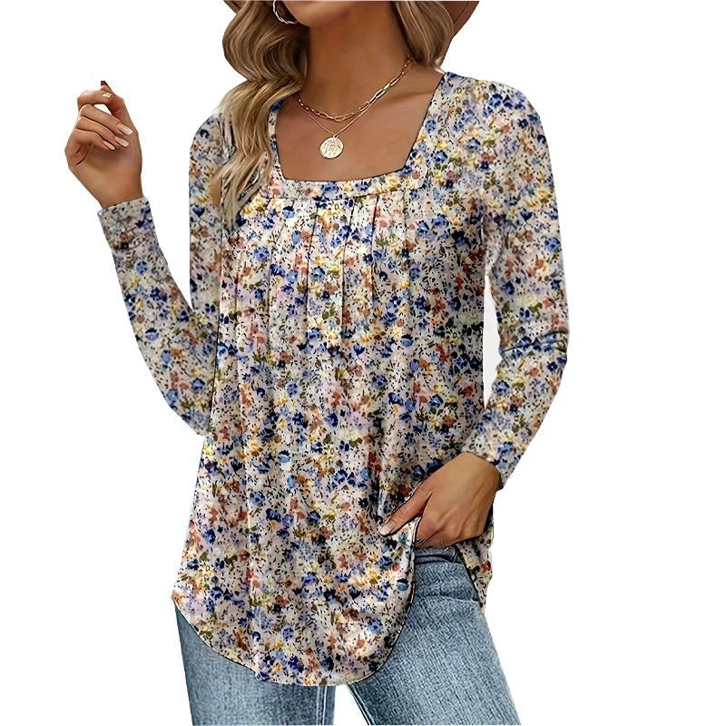Women's Bohemian Style Ladies Pleated Square Collar Long Sleeve Swallowtail Women's T-shirt