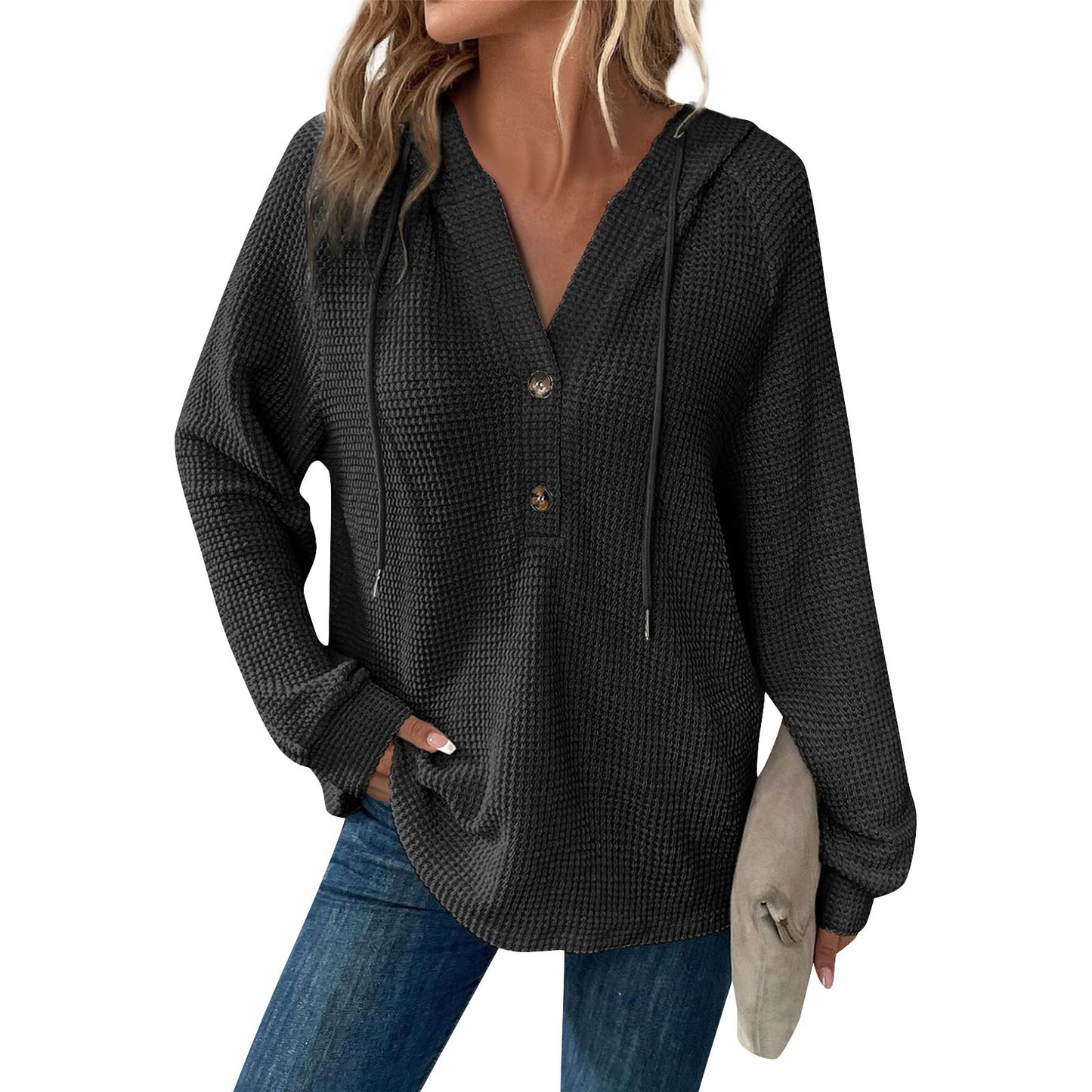 Women's Color Waffle Hooded Button Loose Long Women's Sweater, Sweater