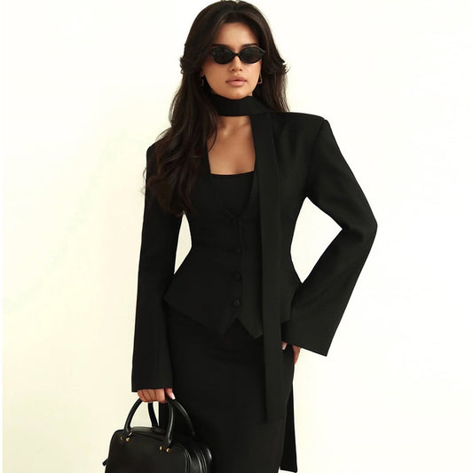 Women's Solid Color Scarf With Long Sleeves Blazers