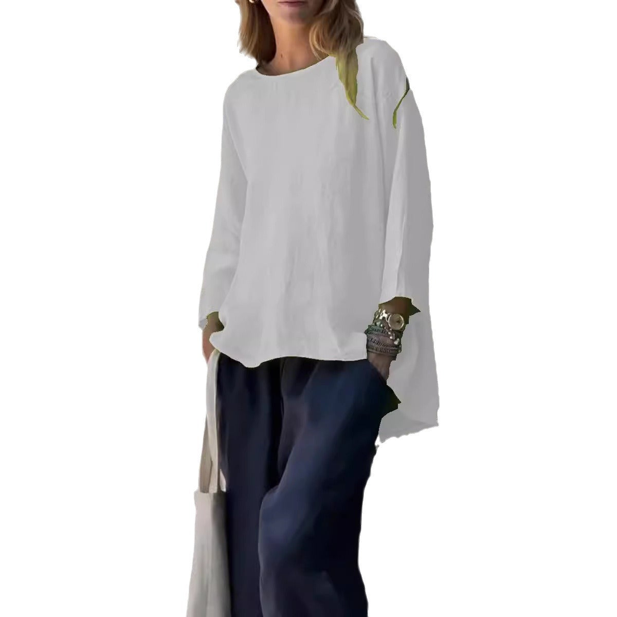 Women's Sleeve Round Neck Cotton Linen Loose Tops