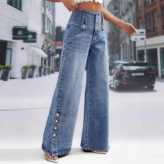 Women's Flower Hem Slit Denim Trousers High Jeans