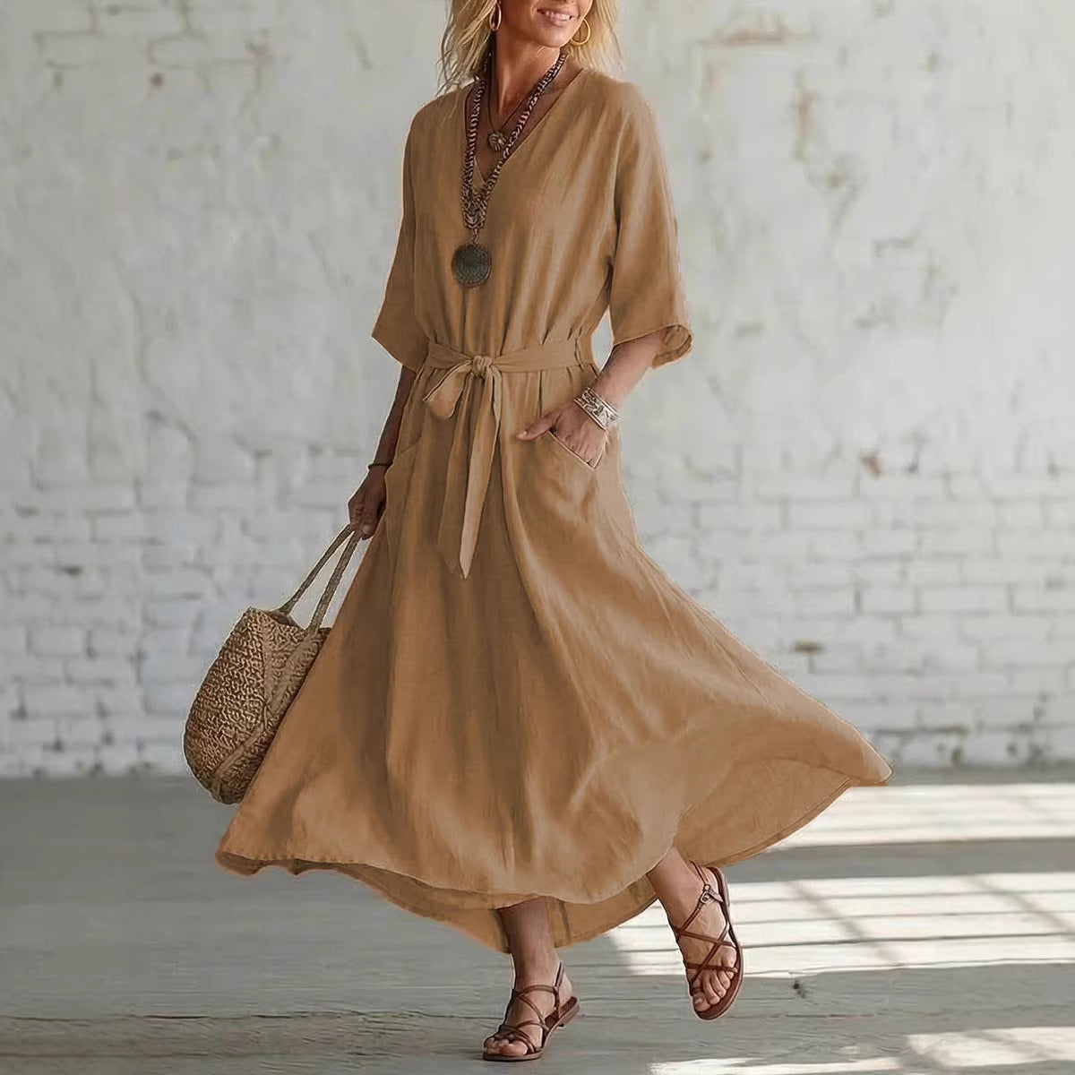 Solid Color Sleeve Vacation Style Loose Dress
