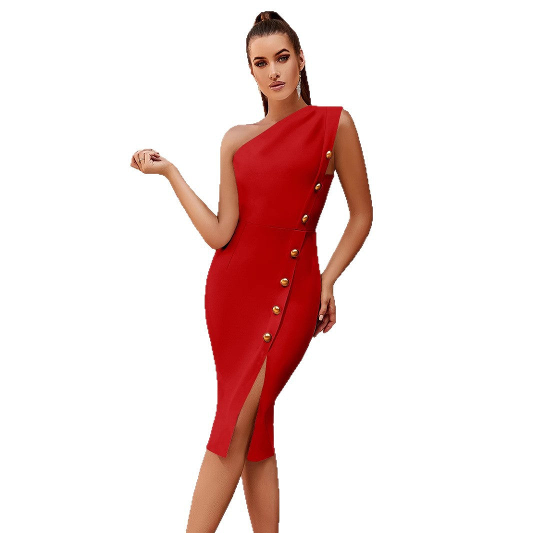 Women's Sexy Slit Fashion One Shoulder Banquet Party Dress