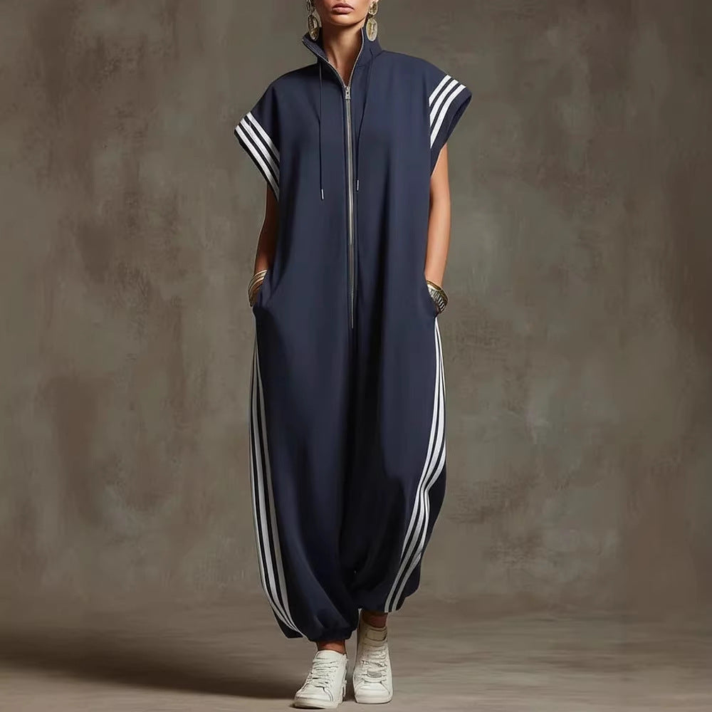 Zipped Stand Collar Striped Contrast Color Fashion Quick Women's Jumpsuit/clothing