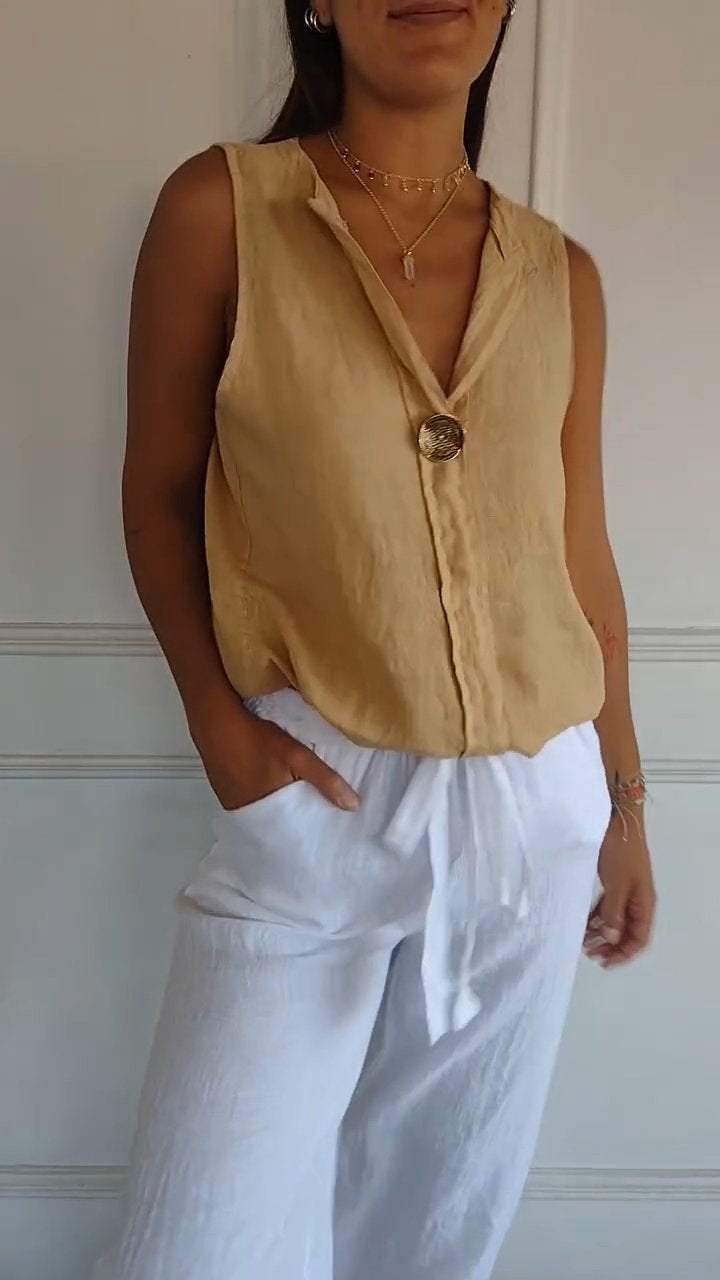 Women's Fake Collar Cotton Linen Sleeveless Casual Women's T-shirt