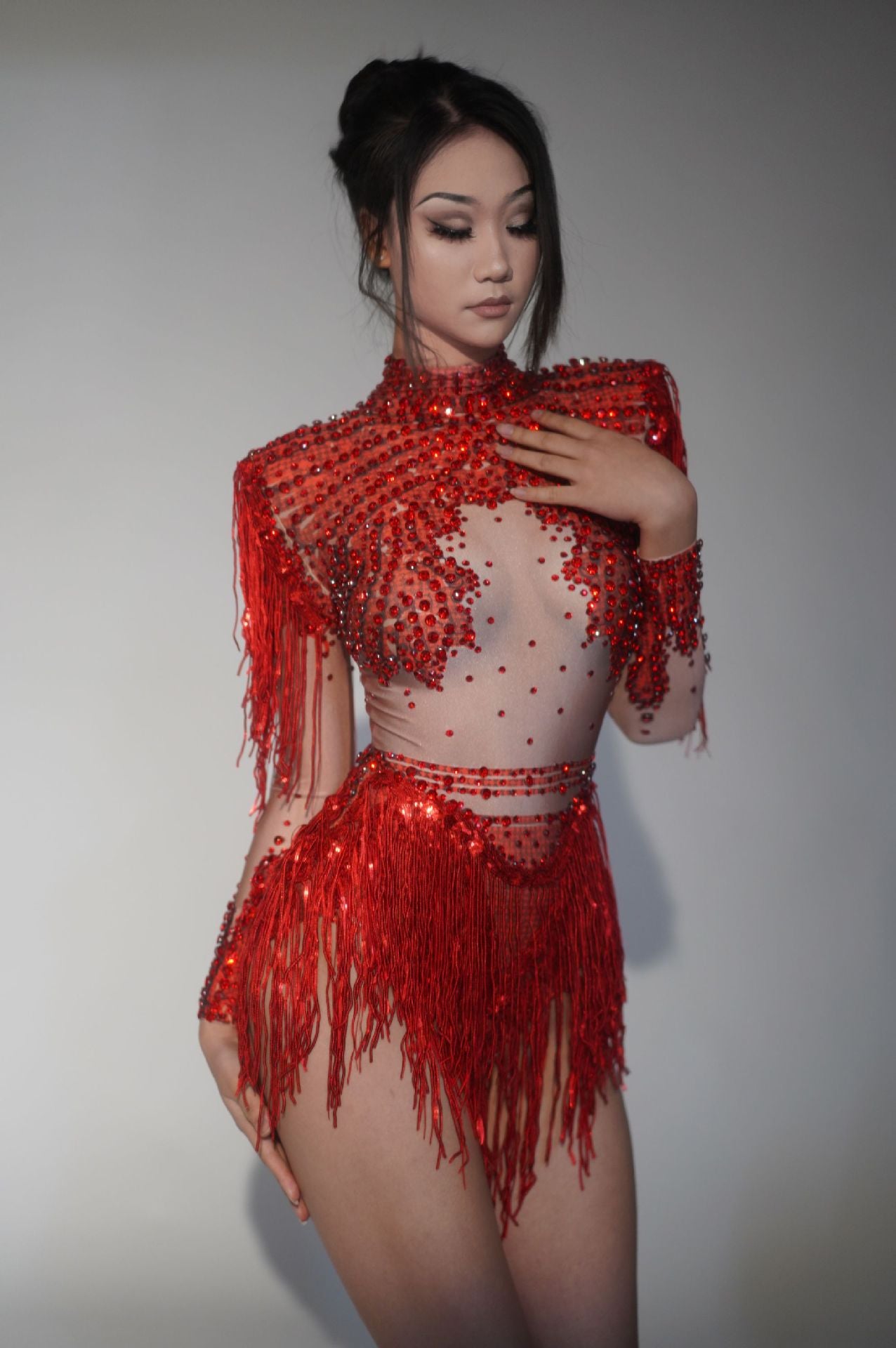 Sexy Tight Grandma Siamese High Fork Rhinestone Jumpsuits