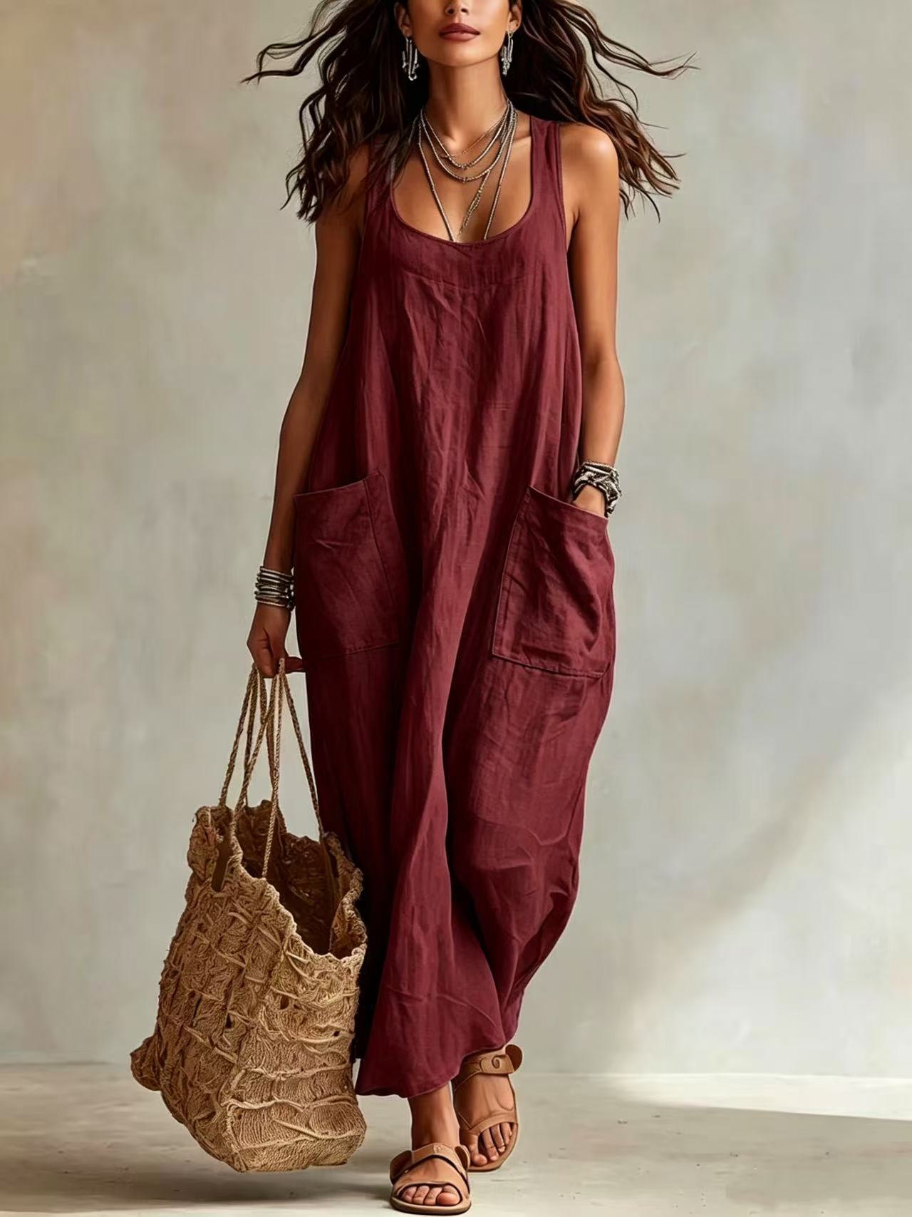 Summer Cotton Linen Temperament Leisure Pocket Dress