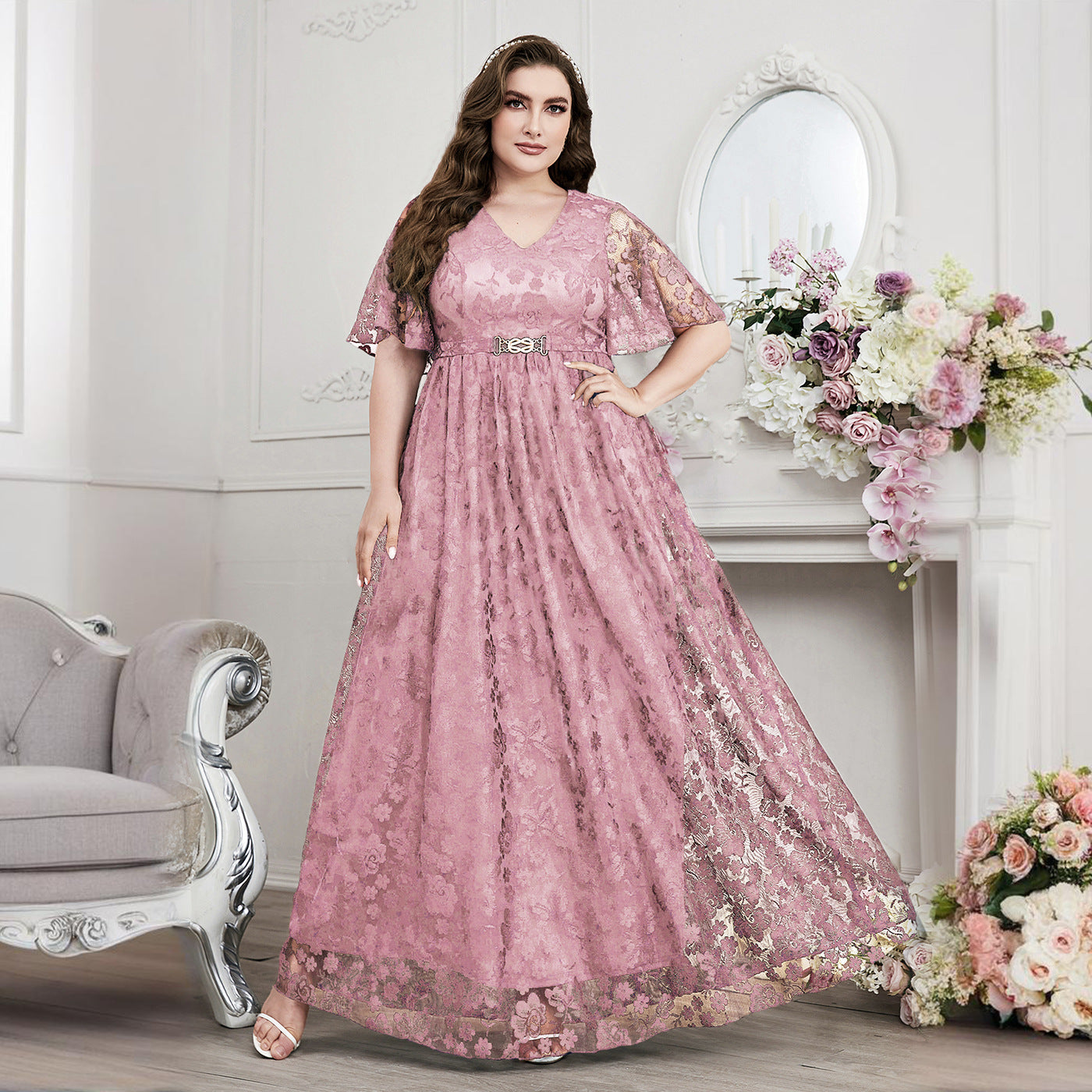 Women's Large Fashion Elegant Bridesmaid Lace Dress Dresses