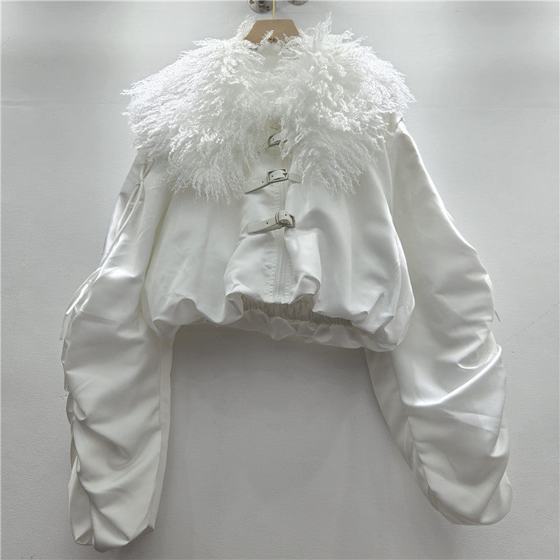 Street Winter Niche Hot Lamb Fur Collar Drawstring Belt Coats