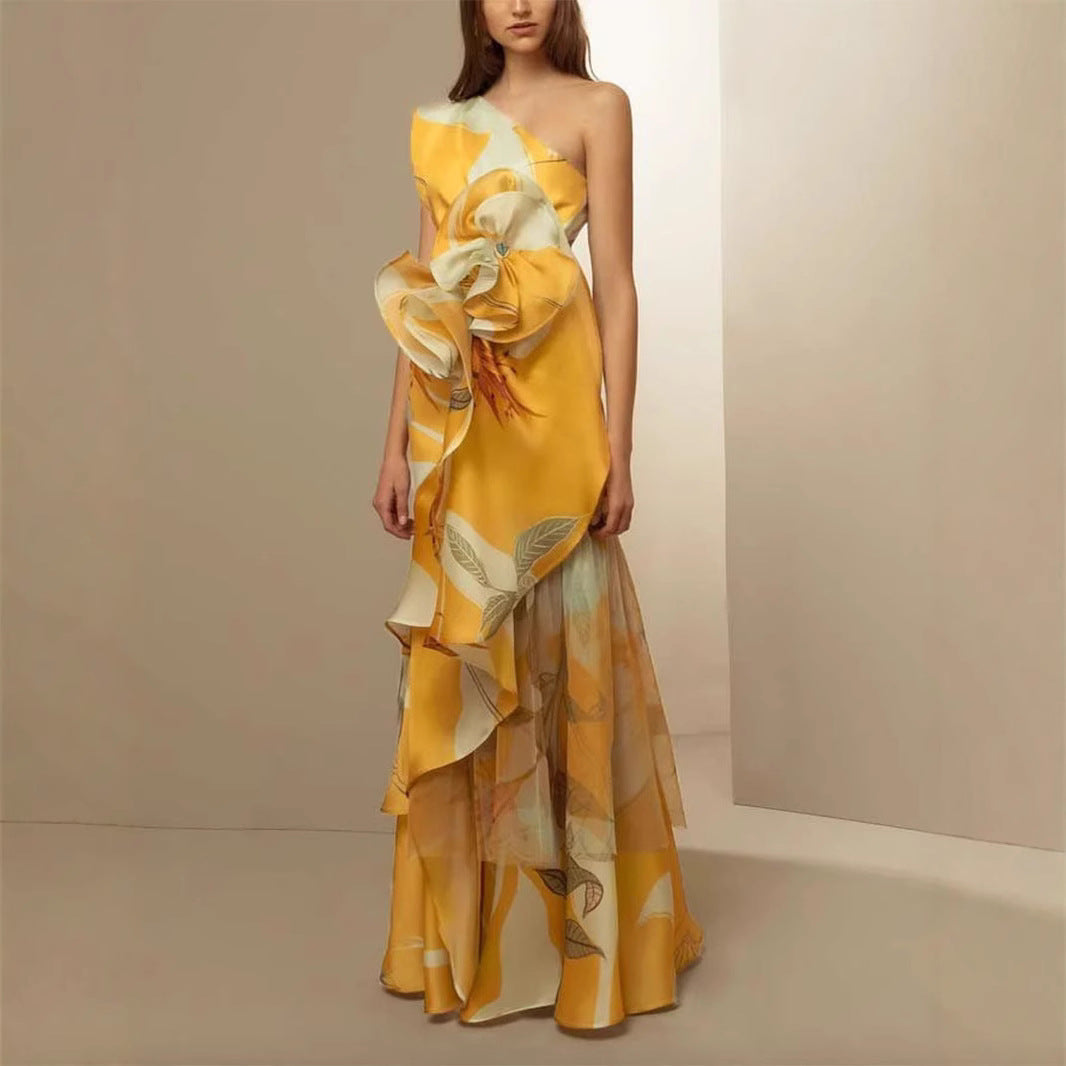 Goods French Retro High Switchover Temperament Casual Printing Sloping Dresses