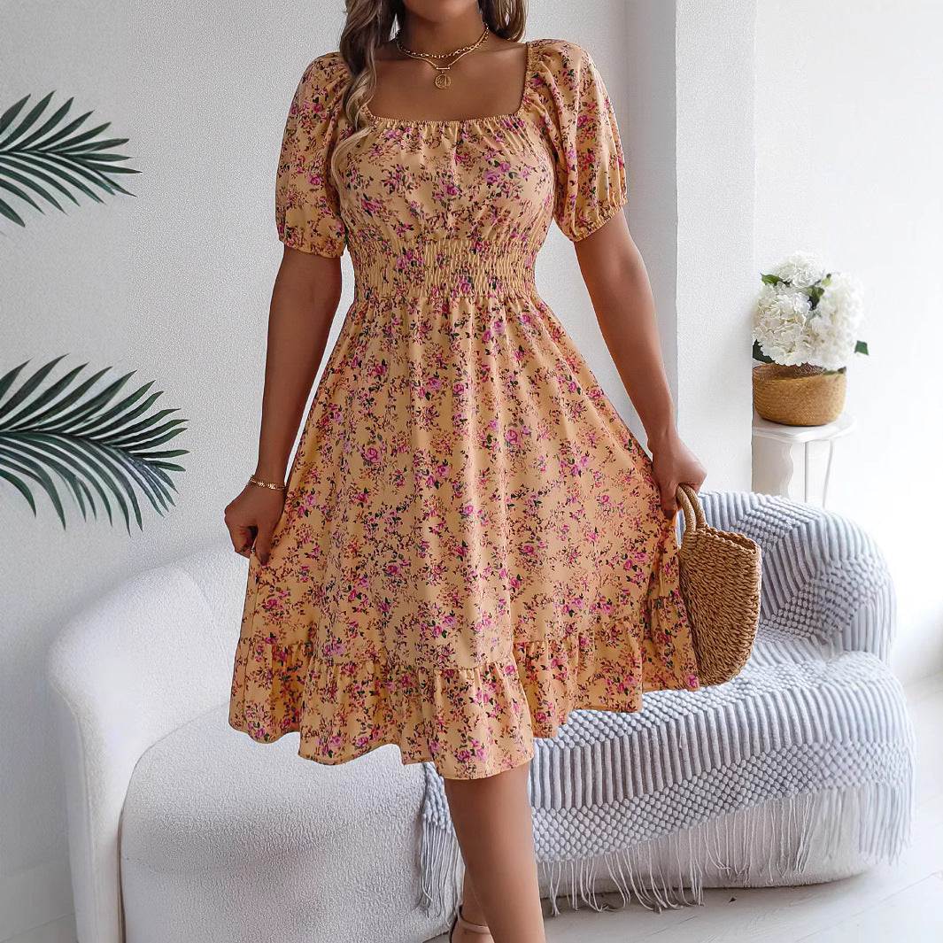 Women's Floral Square Collar Sleeve Ruffled A- Skirts