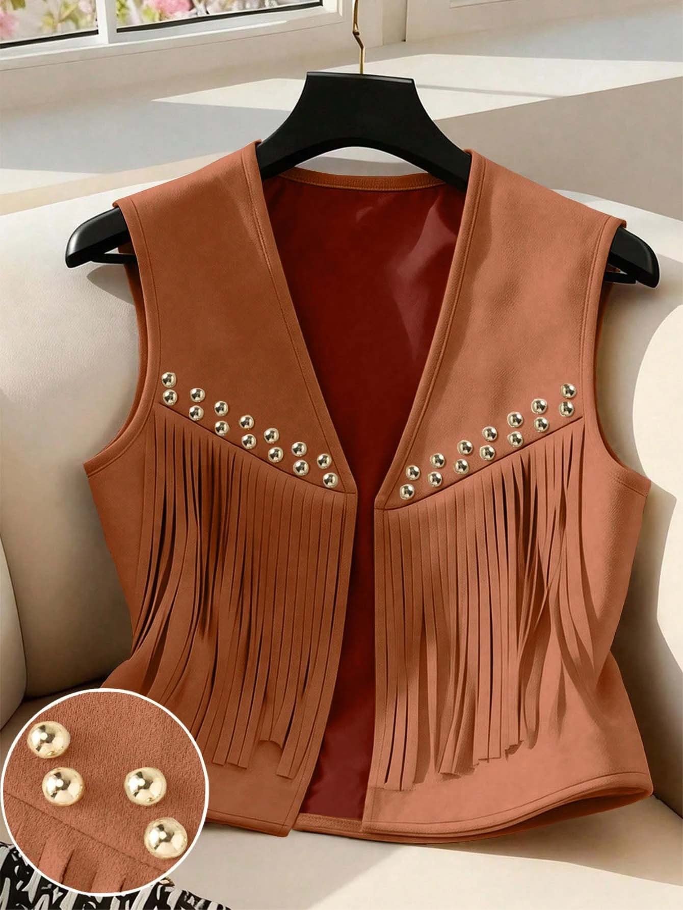 Women's Retro Country American Style Western Rivet Tassel Suede Sleeveless Vests