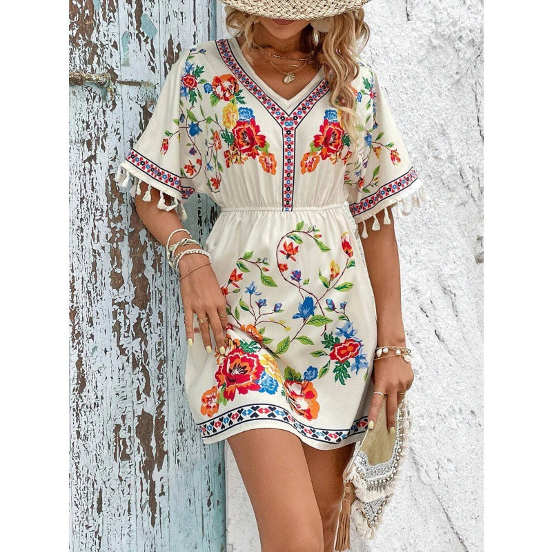 Bohemian Retro Ethnic Style Tassel Print Dress