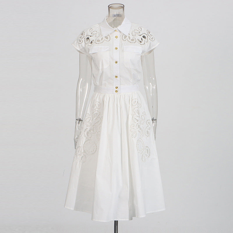 Women's Summer Lapel Short-sleeved Single-breasted Embroidered Hollow Skirts