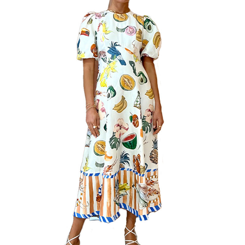 Women's Sweet Printed Round Neck Large Swing Dresses