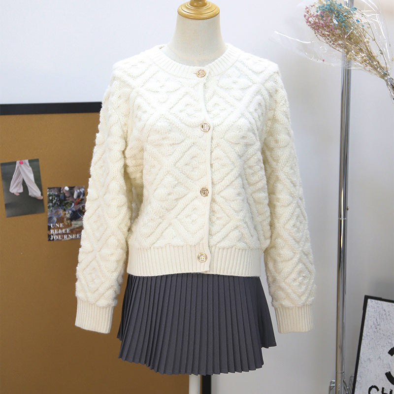 White Powder Two-color Dark Pattern Three-dimensional Jacquard Round Sweaters