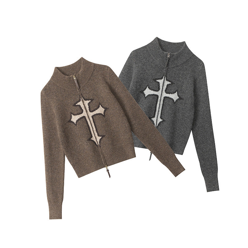 American Retro Slim Long Sleeve Zipper Shoulder Sweaters