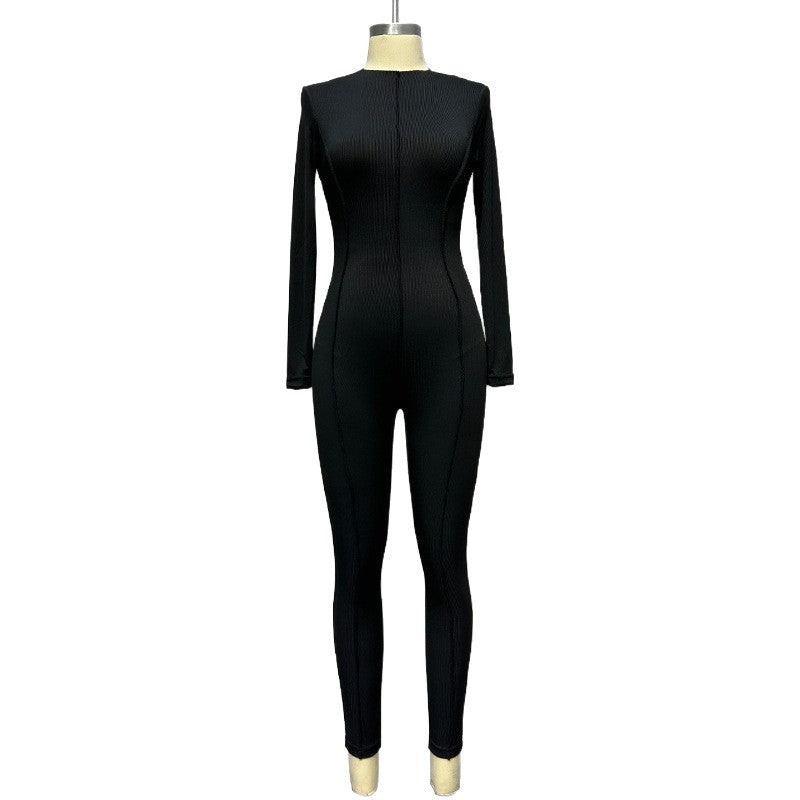 Women's Long-sleeved Round Neck High Elastic Overall Women's Jumpsuit/clothing